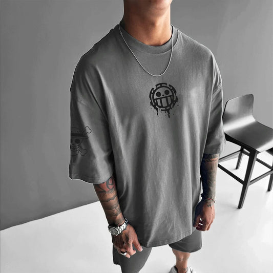 Men's Summer Anime Solid Color T-Shirt, Sporty and Casual Versatile Fashion T-Shirt, Trendy New Short-Sleeve
